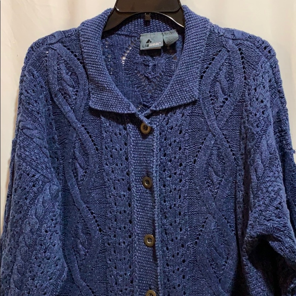 Vintage Liz Claiborne Chunky Blue Cable-Knit Button Cardigan Sweater